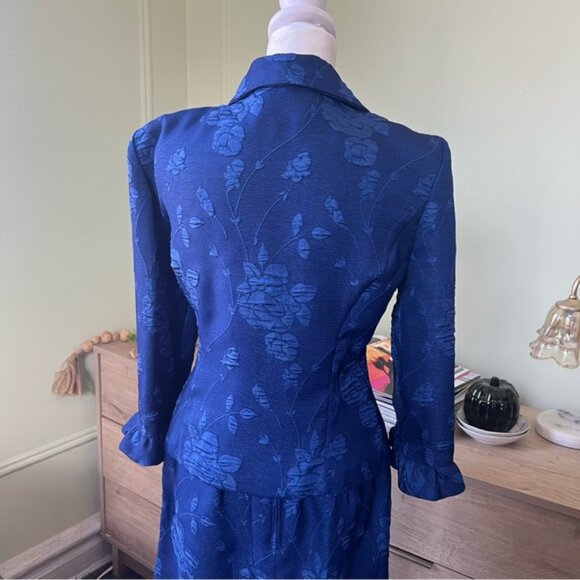 JESSICA HOWARD Vintage Blue Brocade Floral Ruffle Suit Jacket & Skirt Set Sz S-M - Picture 9 of 16
